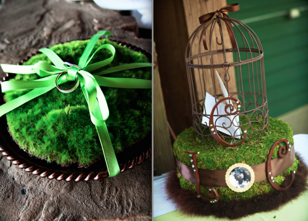 Eco-friendly wedding decor with ring bearer and birdcage